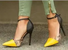 Real Photo Women Patchwork Snakeskin Ankle Buckle Strap Pump Summer Pointed Toe High Thin Heel Dress Shoes Cover Heel Free Ship newest women solid pink and black ankle buckle strap strange transparent heel sandal summer peep toe square heel shoes free ship
