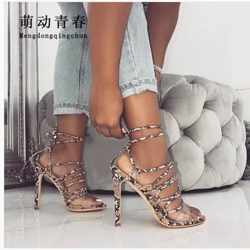 

Fashion Europe Brand Thin Heels Shoes Women Fashion Peep Toe Lace Up Ankle Strap High Heels Sandals Sexy Snake Print Pumps Shoes