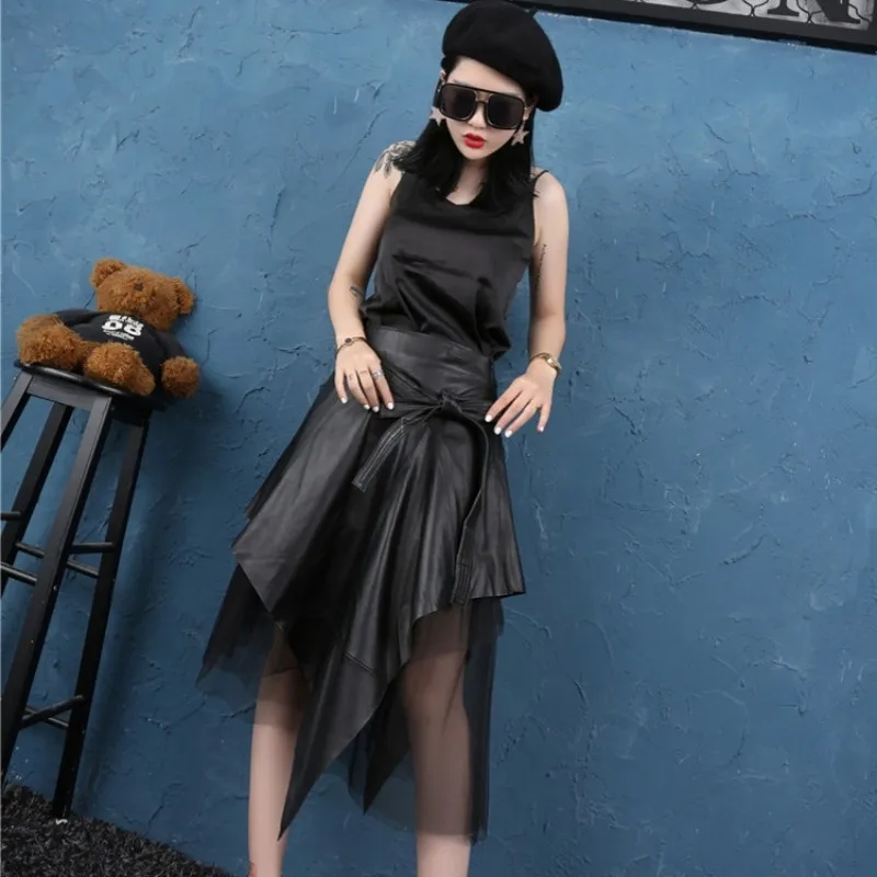 Winter Korean Lady Genuine Leather Skirts With Belt Woman Sheepskin Real Leather Patchwork Irregular Slim Pleated A-Line Skirts