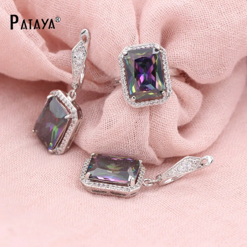 

PATAYA Exquisite Rainbow Jewelry Set True White Gold Natural Zircon Mystic Ring Earrings Sets Bridesmaid Bride Wedding Jewelry
