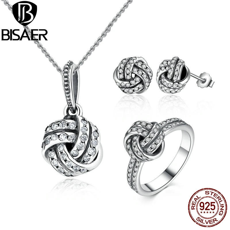 

Genuine 100% 925 Sterling Silver Sparkling Love Knot Weave Jewelry Sets Wedding Engagement Jewelry Accessories WES001