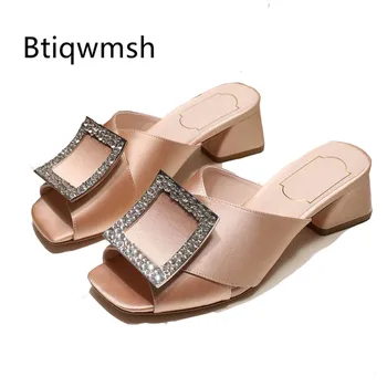 

2019 Luxury Satin Slippers Woman Peep Toe Rhinestone Buckle High Heel Shoes Women Slip On Gladiator Sandals