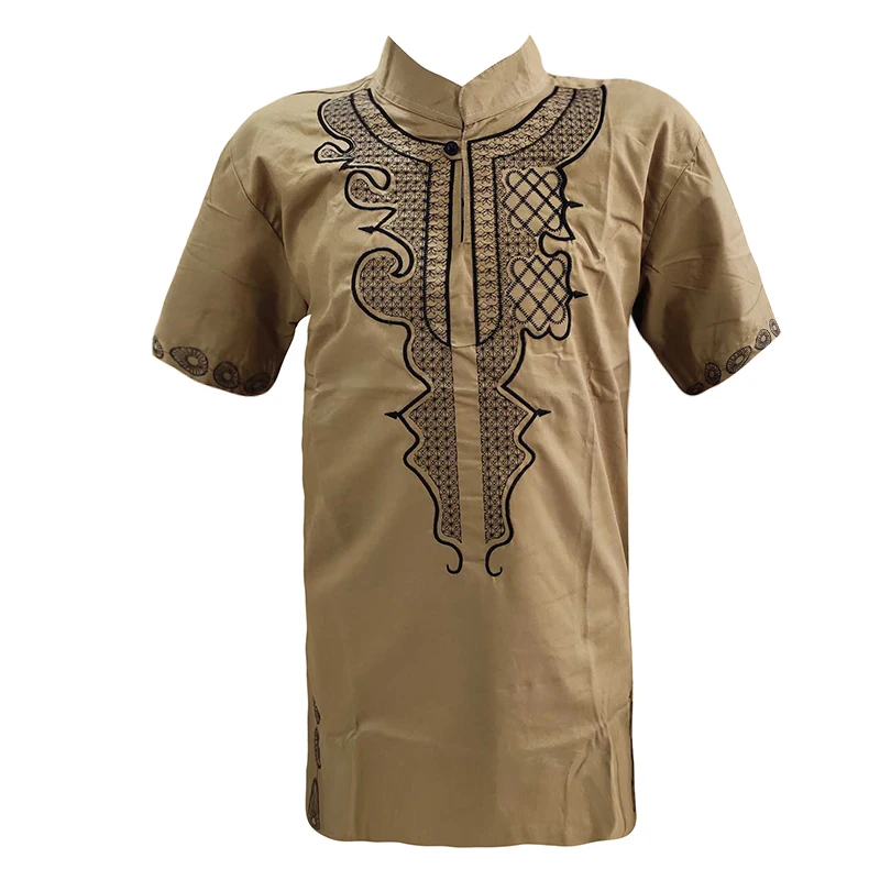 

Muslim Mens Embroidery T-shirt Ethnic Worship Short kaftan Cotton Tops Ankara Tunic
