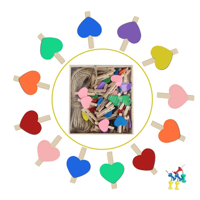 

50 PCS Colorful Mini Love Heart Craft Wood Clips Photo Paper Postcard DIY Pin Craft Clips +10m Rope for Party Home Decoration