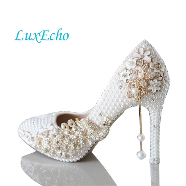 The Luxury Pointed Toe Pearl Wedding Shoes Gold Peacock High Heel Pumps Spring And Autunm Bridal The Luxury Pointed Toe Pearl Wedding Shoes Gold Peacock High Heel Pumps Spring And Autunm Bridal