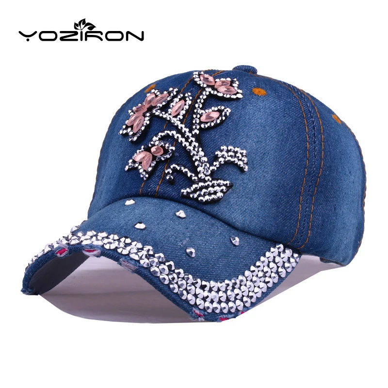 YORIZON Denim Baseball Cap For Women Flower Rhinestone Snapback