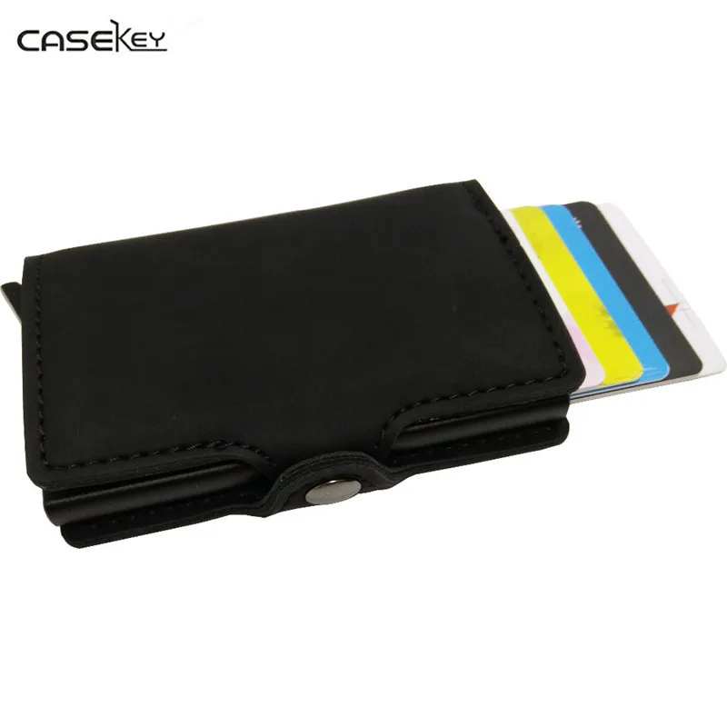 

CaseKey Free Shipping Metal Men Card Holder RFID Aluminium Credit Card Holder With RFID Blocking Pu Leather Mini Magic Wallet
