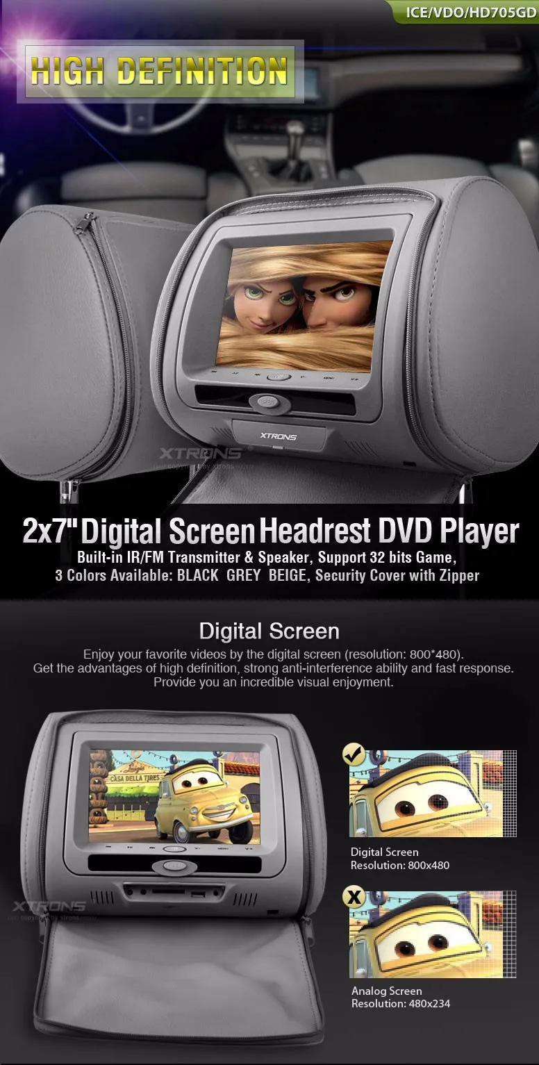 Cheap 2x7" Car DVD For Headrest Monitor Backseat TV Cover With Zipper Support 32 Bits Game 2 Modes To Play IR FM USB SD Auto Pillow 1