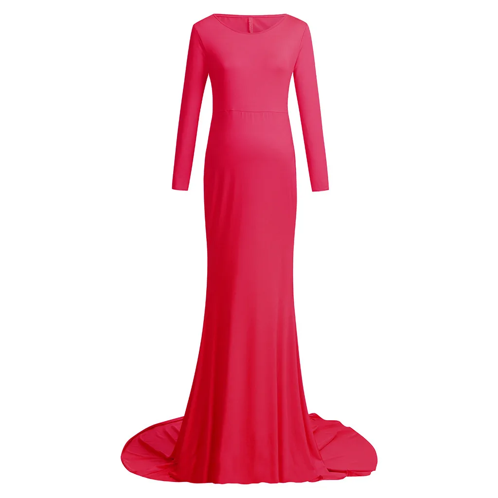 LONSANT платье для беременных; женское однотонное платье с длинным рукавом для беременных; платье для беременных - Цвет: Hot Pink