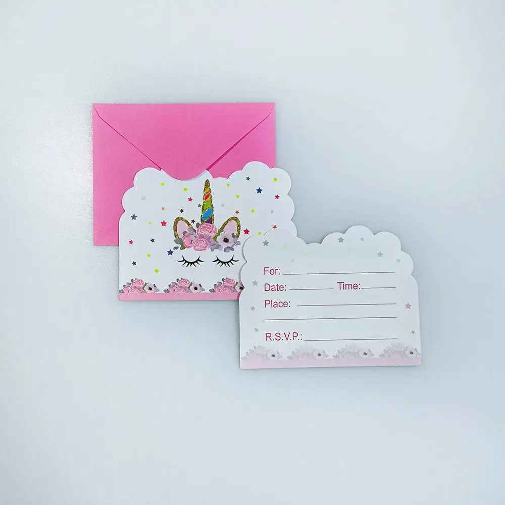 

Unicorn theme greeting card birthday party invite friends holiday wishes party supplies cartoon animals