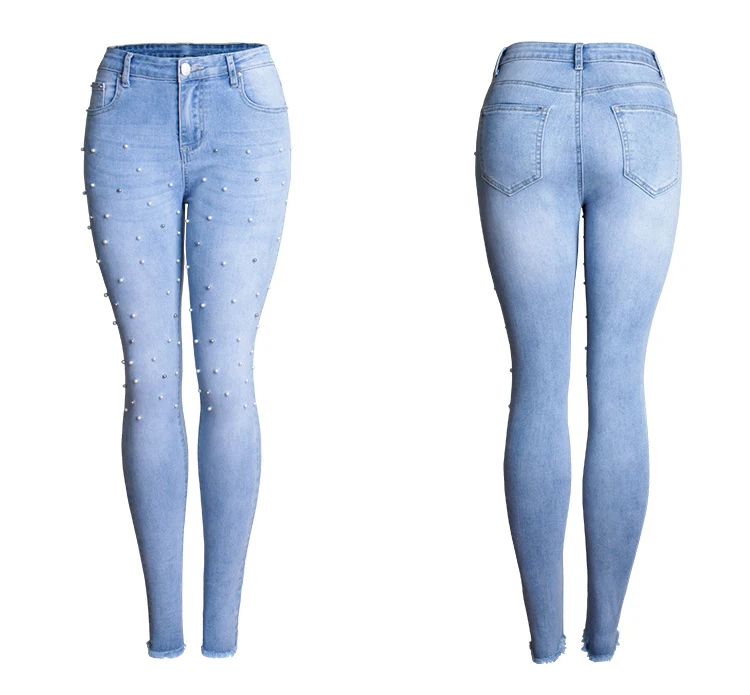 HCYO Для женщин джинсовые штаны Высокая Талия Джинсы Slim Повседневное Бисер отбеленные кисточкой джинсы брюки Для женщин стрейч хлопок