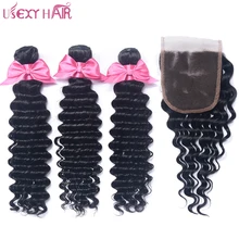 USEXY HAIR Brazilian Deep Wave Weave Hair With Closure Non Remy Human Hair Weave Weft 3 Bundles With 4×4 Lace Closure 4Pcs/Lot