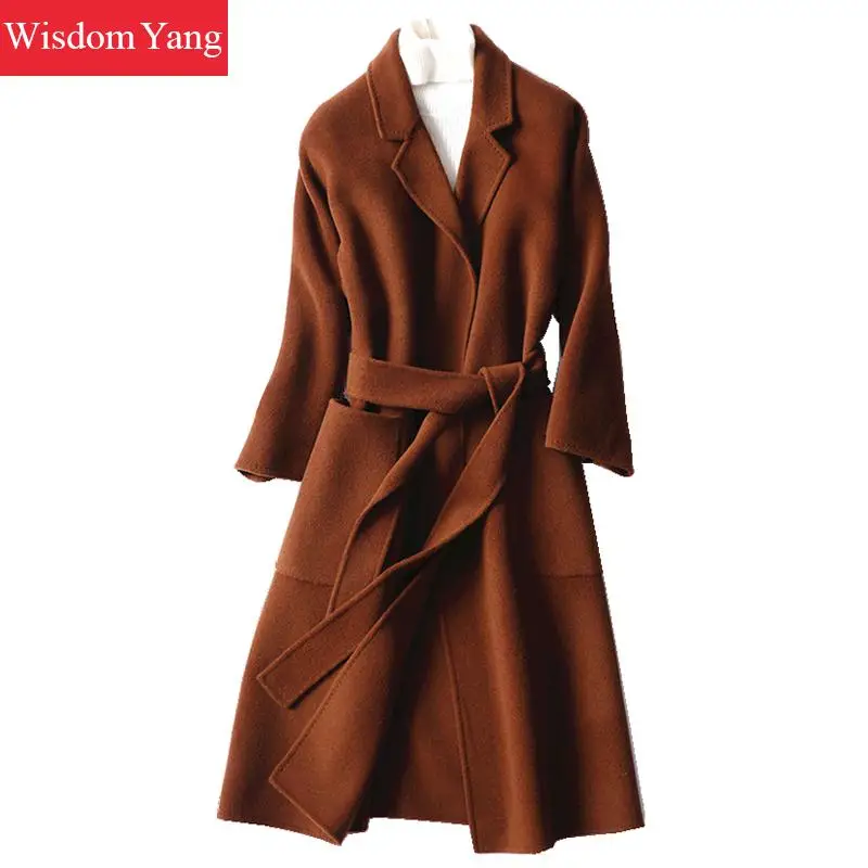 

Elegant Winter Coat Sheep Wool 2018 Coats Black Brown Womens Plus Long Oversize Covered Woman Sashes Woolen Overcoat Outerwear