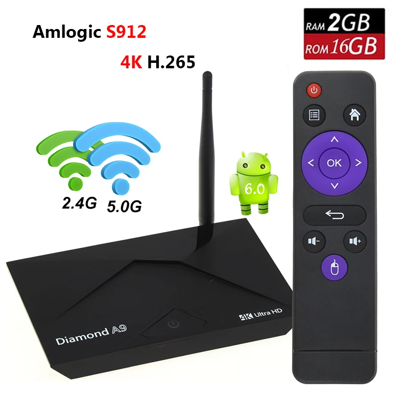 

2GB/16GB Amlogic S912 Android TV Box A9 Android 6.0 Octa Core A53 Dual WIFI Support Netflix 4K Smart TV Set Top Box Media Player