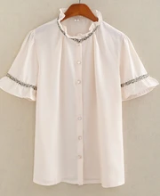 El envío Libre 2016 Nueva Llegada Del Verano Estilo OL de Corea Del Collar Del Soporte de Manga Corta Mujer Blusa de La Gasa de Albaricoque
