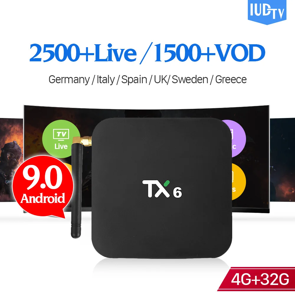 

IPTV Subscription Android 9.0 Spain IUDTV Box TX6 4+32G BT5.0 USB3.0 Dual-Band WIFI IPTV Sweden Spain Italy UK German IP TV Box