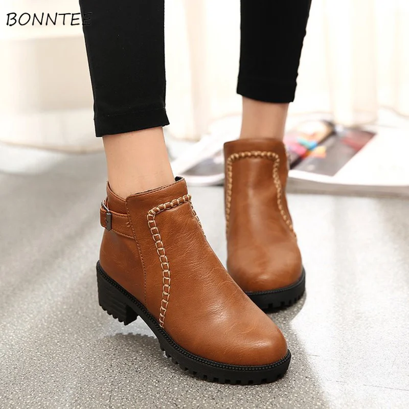 

Boots Women Round Toe Square Heel Cotton Fabric Zipper Short Martin Boot Womens Trendy Comfortable Plus Size PU Leather Shoes