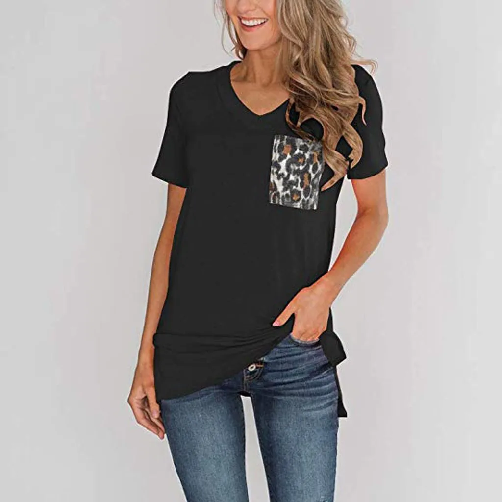 

Women's Summer T-Shirt Short Sleeves V-Neck Patchwork Leopard Shirt Pocket Basic Female t shirt camiseta mujer футболка женска