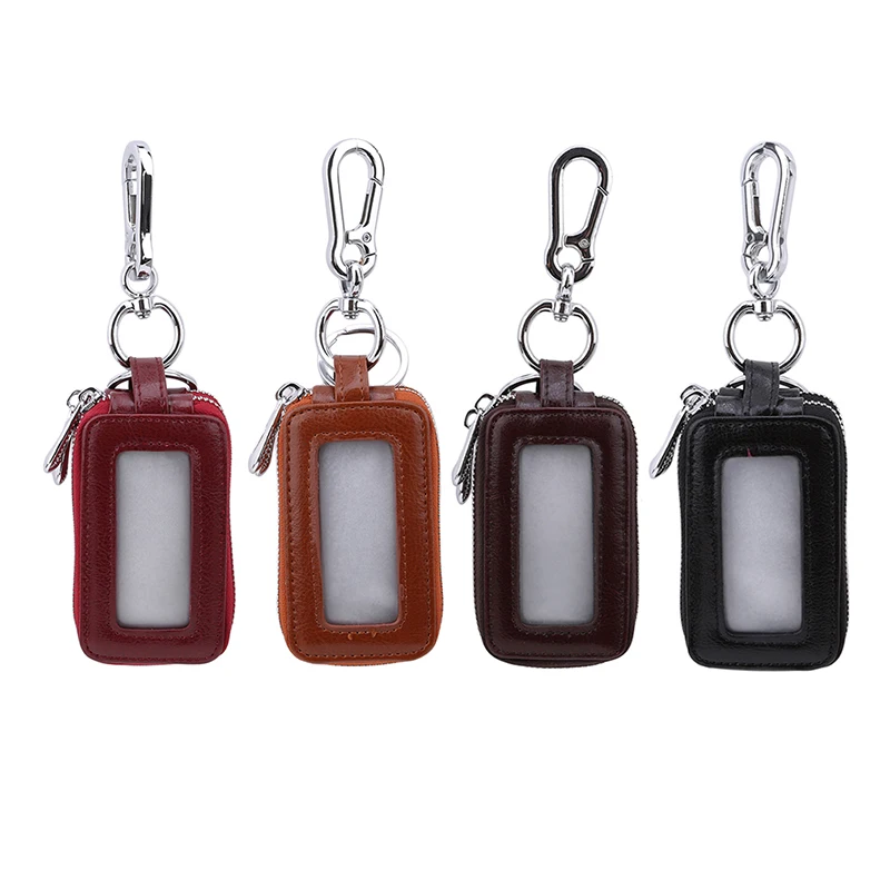 

New Cow Leather Male Double Zipper Home Key Case with Transparent Window Vintage Style Car Key Holder KeyChain Smart Wallets