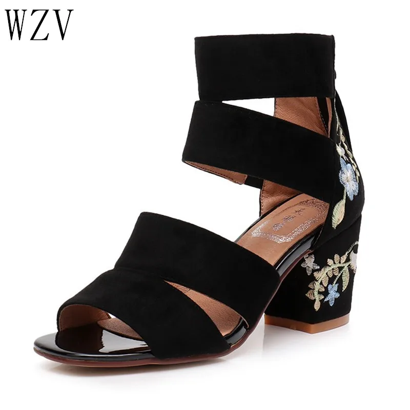 

Embroider Chunky Heels Sandals Fashion Women Sandals High Heels Open Toe Ankle Strap Nation Style Shoes Woman Size 35-40