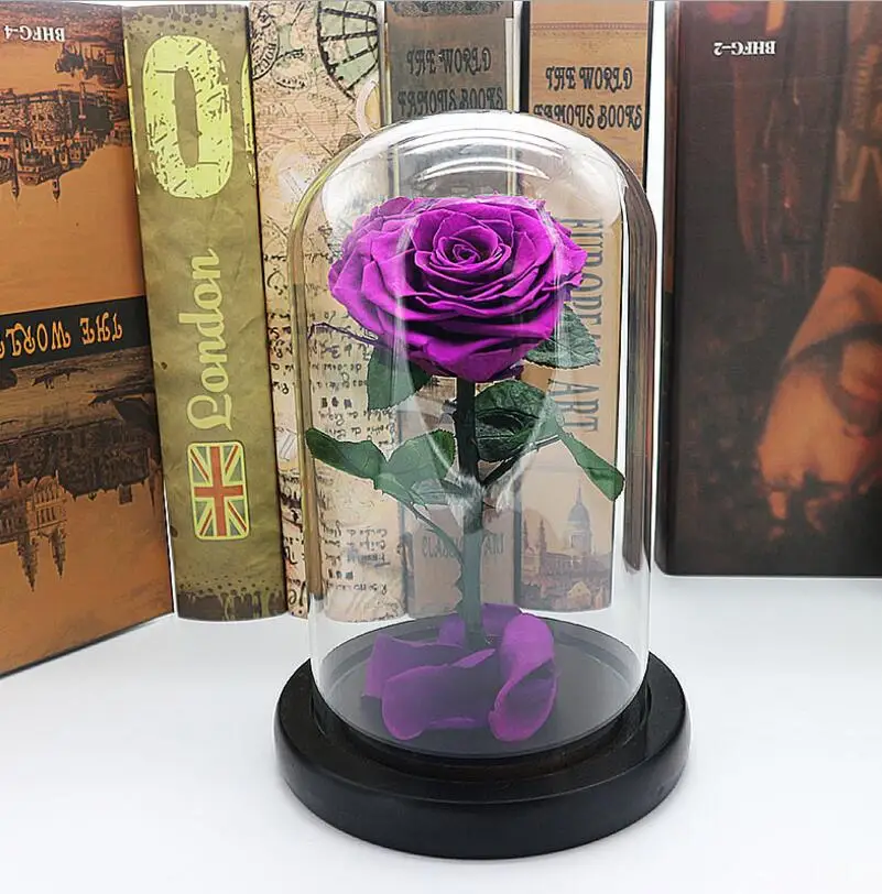 Черная вечная роза, цветок, сохраненная бесземная свежая роза в стеклянной вазе, свадебные украшения, уникальные подарки - Цвет: Purple