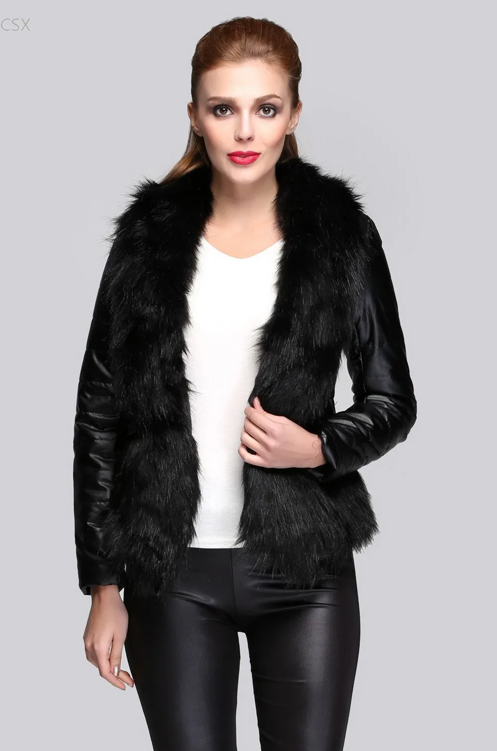 LKOUS Chic Lady Faux Fur Coat Leather Sleeve Winter Outerwear LKOUS Chic Lady Faux Fur Coat Leather Sleeve Winter Outerwear