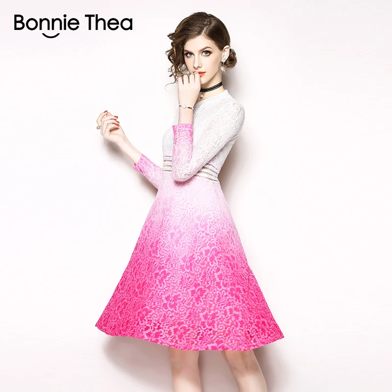 Bonnie Thea винтажное осеннее женское голубое кружевное платье vestido однотонное