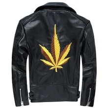 Мужские черные кожаные пальто Короткие Тонкий Вышивка Узор Коускин куртки с отложным воротником пара мотоцикл пальто