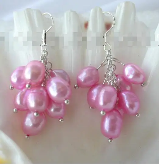 

Free Shipping >> stunning 10mm baroque pink freshwater pearl dangle grape earrings silver xgt