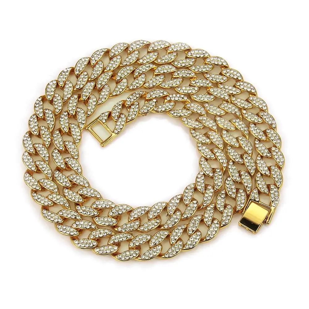 

Miami Cuban Link Chain 15mm Bling Hip hop Gold Silver Necklace Bracelet Iced Out Crystal Rhinestone for Men Jewelry Necklaces