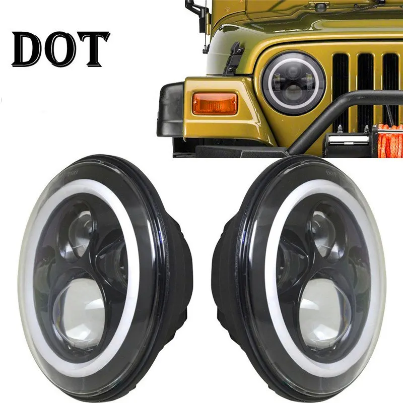 

Black 7" LED headlight Headlamp For Jeep Wrangler 7" Round LED Ring Halo Angel Eye Headlights Head Lights H4 Hi/Lo Beam