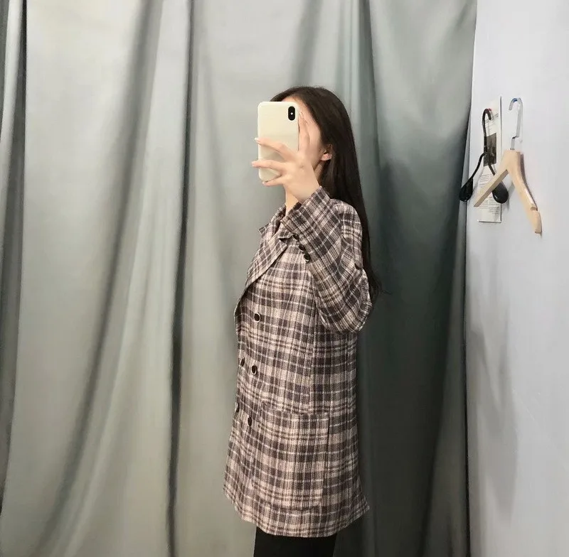 ROHOPO Double Buttons Women Plaid Blazer Autumn British Style Chic Office Ladies Casual Striped Khaki Outwear #UZ1001
