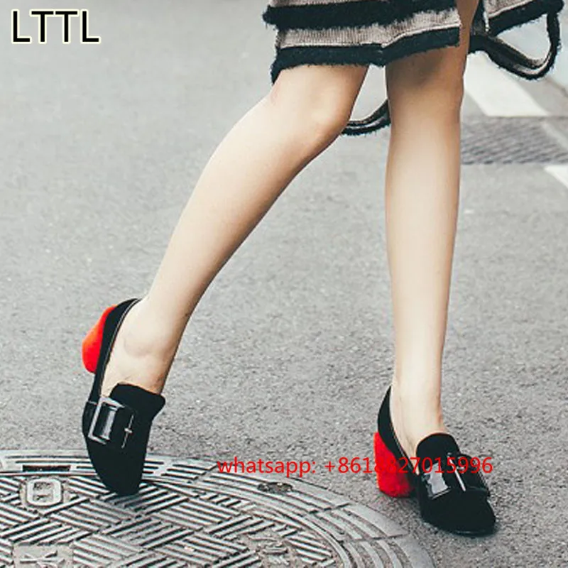 

2017 New England Style Metal Decoration Belt Buckle Womens Shoes Square Toe Thick Heels Med Heels Mixed Colors Womens Pumps
