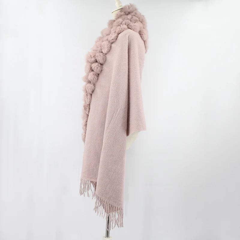 100% sheep fur cashmere shawl with real rabbit fur balls (8)