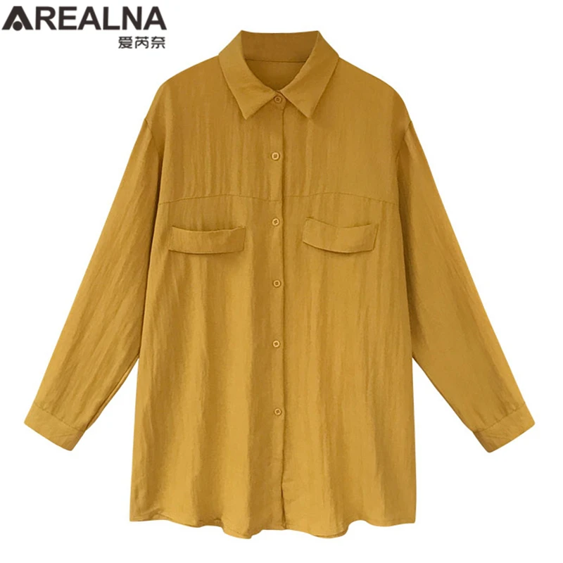  White Yellow Loose Womens Tops and Blouses Korean Fashion 2018 Fall Spring Long Sleeved Female Shir