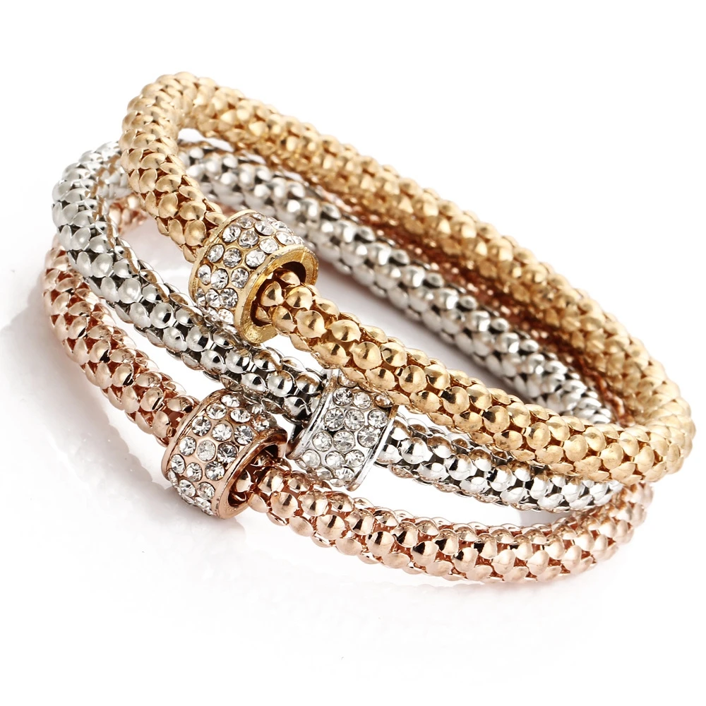 

MIGGA Crystal Paved Slip Beaded Elastic Popcorn Chain Bracelets for Women Multilayer Metal Bangle