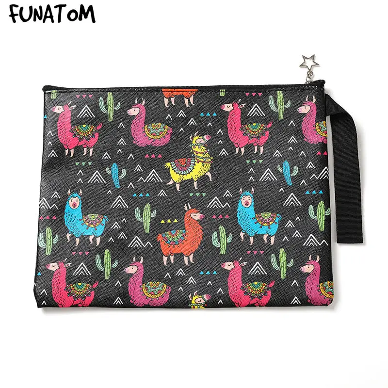 Women Leather Cosmetic Bag Rectangle Shaped Alpaca pattern Portable