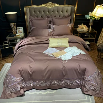 

Coffee Premium Embroidery Bedding set Ultra Soft Egyptian Cotton King Queen size 4/6Pcs Duvet Cover Flat/Fitted Bed sheet set