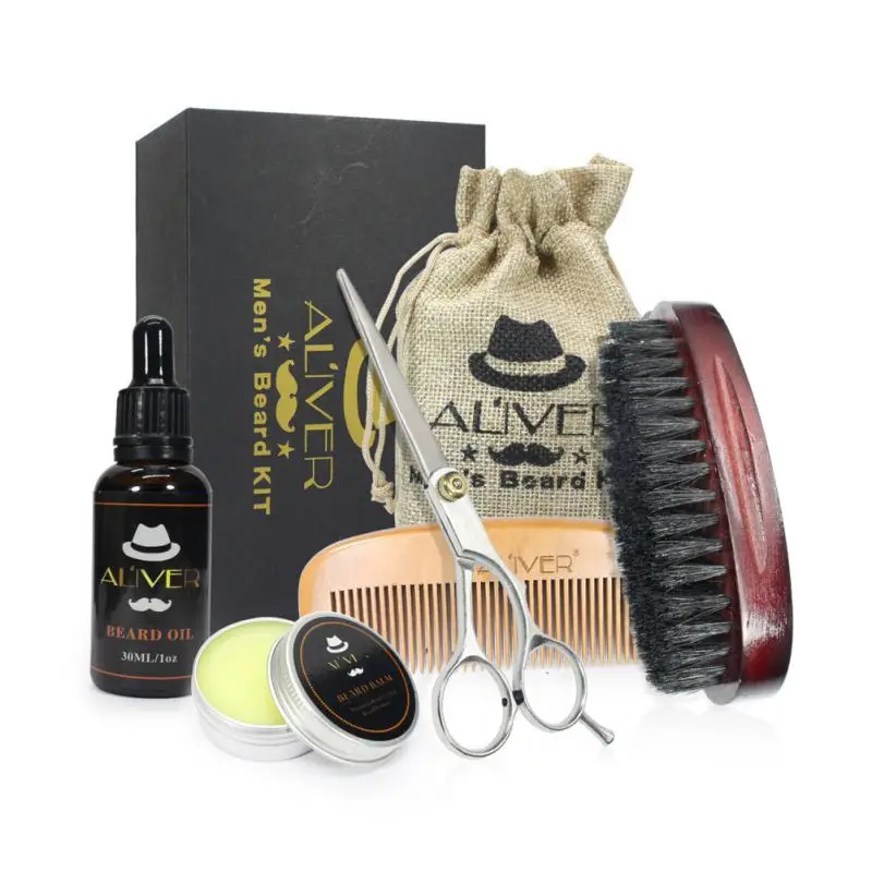

5 Pcs Men Moustache Cream Nutrition Beard Oil Beard Balm Scissors Kit with Moustache Comb Brush Storage Bag Set & Kit New