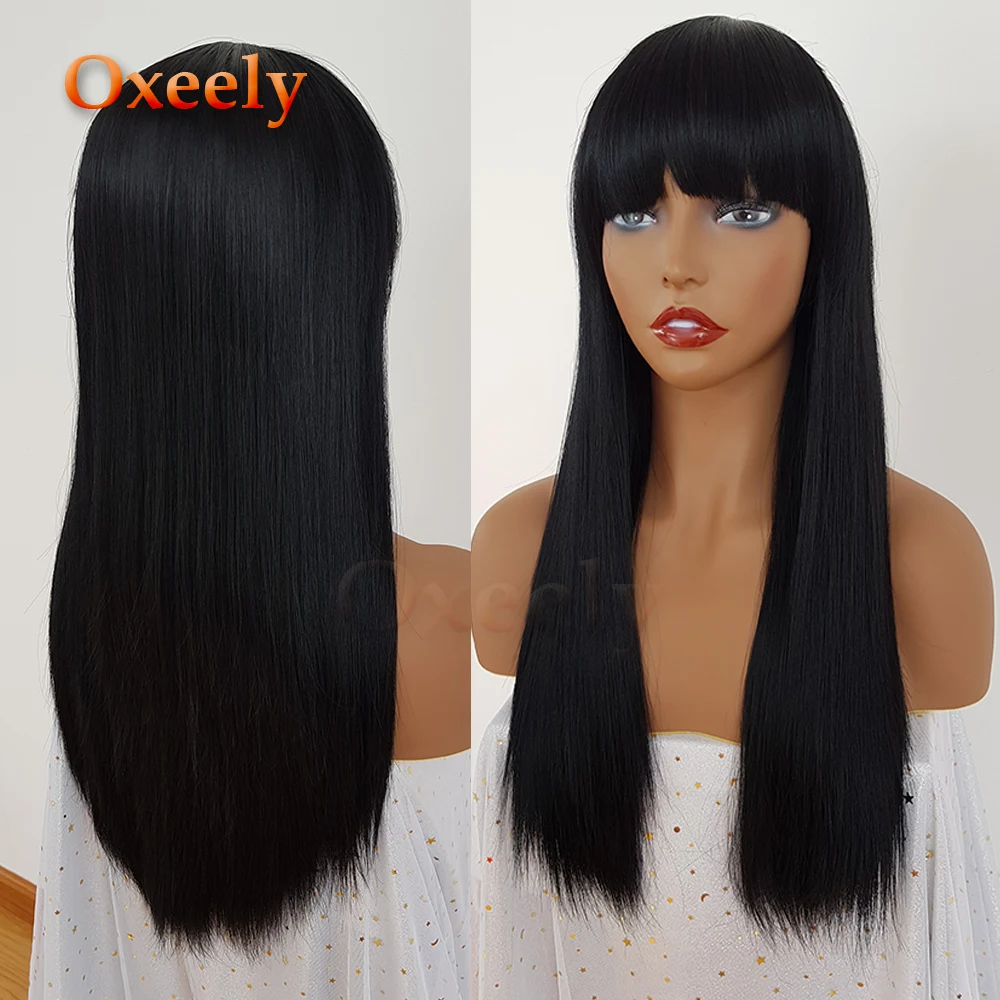 Oxeely черный парик для волос Длинные прямые синтетические волосы Искусственные парики с Синтетические чёлки волос для женщин термостойкие