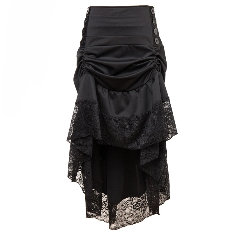 Sladuo Женская Стимпанк Викторианский стиль юбка в готическом стиле черная Цветочная кружевная гофрированная средневековая Ренессанс плюс размер сексуальная высокая низкая юбка - Цвет: Черный