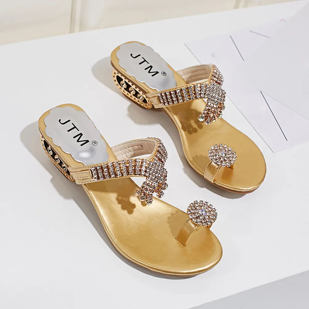 

Women Summer Open Toe Chunky Heel Sandals Fashion Crystal Rhinestones Beach Flip Flops Slip On Outside Slides Shoes Woman