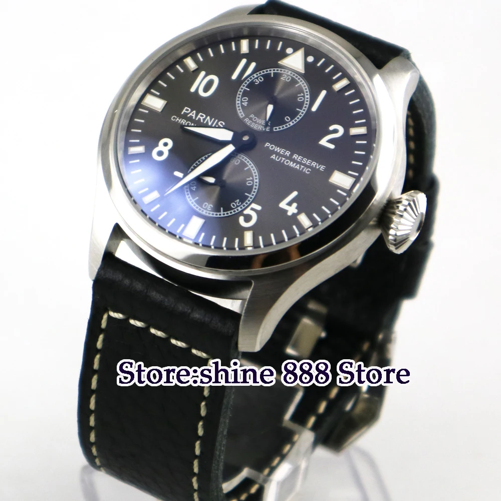 

47mm PARNIS gray dial luminous leather power reserve ST2542 automatic mens watch