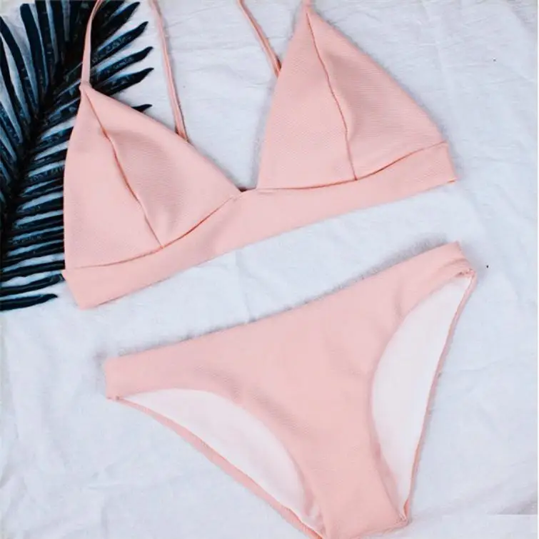 

2017 Bikinis Women Solid Swimsuit Sexy Halter Bandage Bikini Set pink Low Waist Beach Swimwear Female Bathing Suit With Pad D135