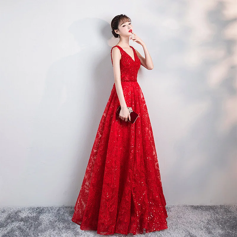 Aswomoye Элегантное Длинное Вечернее Платье новое платье с аппликацией, украшенное стразами, вечерние платья на выпускной со шнуровкой сзади ТРАПЕЦИЕВИДНОЕ ПЛАТЬЕ de soiree - Цвет: Красный