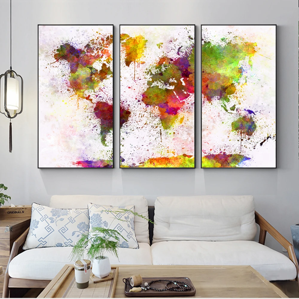 Abstract World Map Wall Art Watercolor Wall Graffiti World Map Canvas Art Prints 3 Panels Abstract  World Map Wall Paintings Modular Pictures For Living Room|Painting &  Calligraphy| - Aliexpress