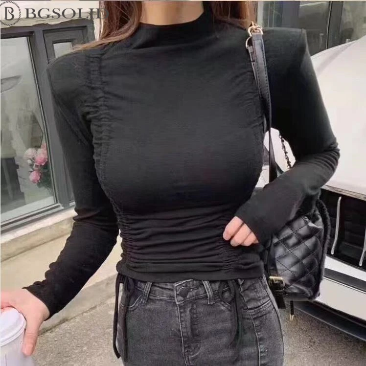 

Spring 2019 New Fashion Drawstring Pleated High-collar T-shirt