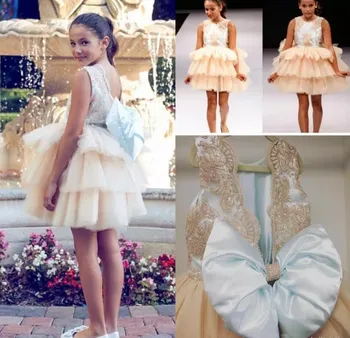 

New Pink Puffy Flower Girls Dresses Crew Neck Backless Lace Bodice Knee Length with Big Bow Kids Formal Wear Party Pageant Gown