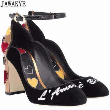 

Excellent Embroidery wedding shoes women Love Heart high Heel real leather Round Toe Buckled strap Velvet Pumps runway style