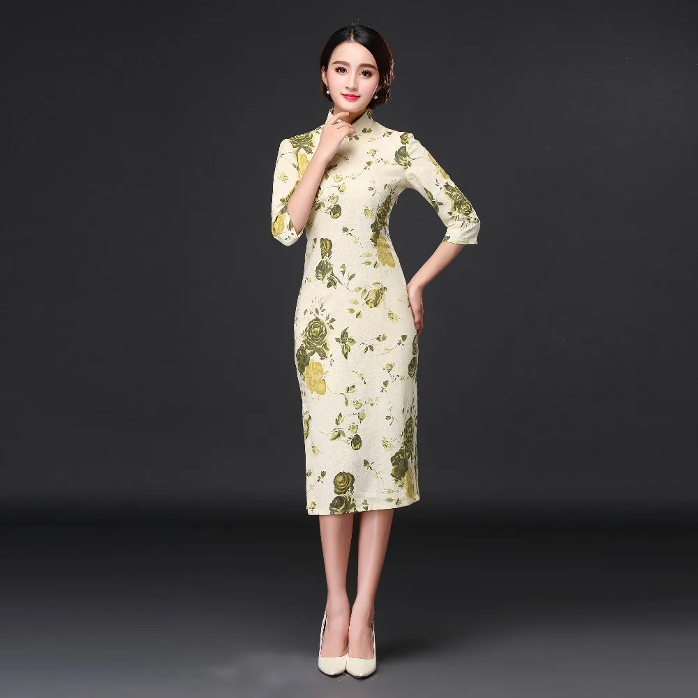Novelty Clothes Chinese Traditional women's dress Cotton Linen Cheongsam Qipao Summer Three Quarter Sleeve Long Dress chinese dress